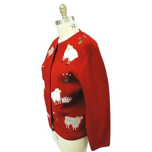 Lisa International-Sweater Jacket Sz M SHEEP Boiled Wool Zip-Up Red Art-to-Wear - Picture 3 of 5